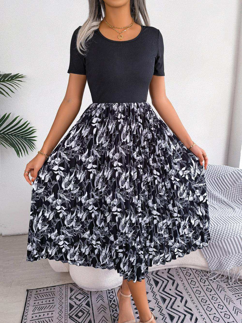 Printed Round Neck Pleated Dress - Trendsi - Flyclothing LLC
