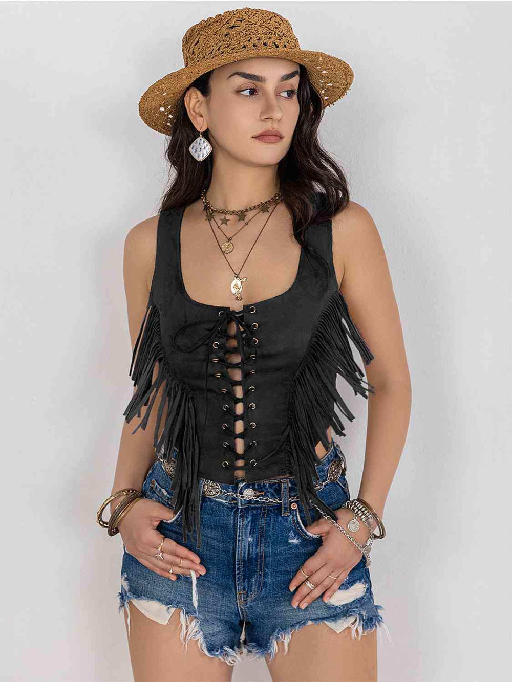 Fringe Lace-Up Vest - Trendsi - Flyclothing LLC