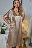 Satin Flutter Sleeve Side Slit V-Neck Night Dress - Trendsi - Flyclothing LLC