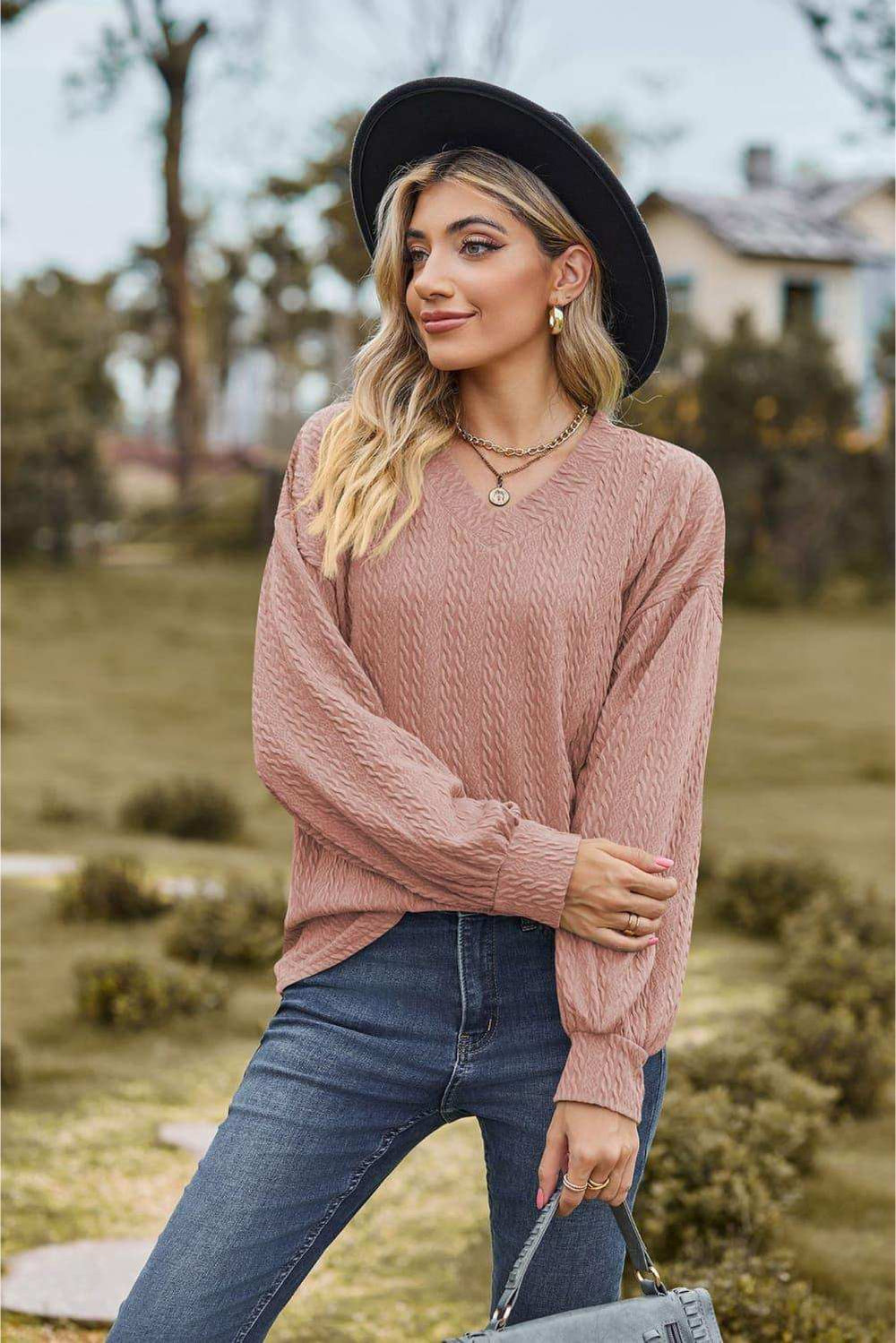 V-Neck Dropped Shoulder Blouse - Trendsi - Flyclothing LLC