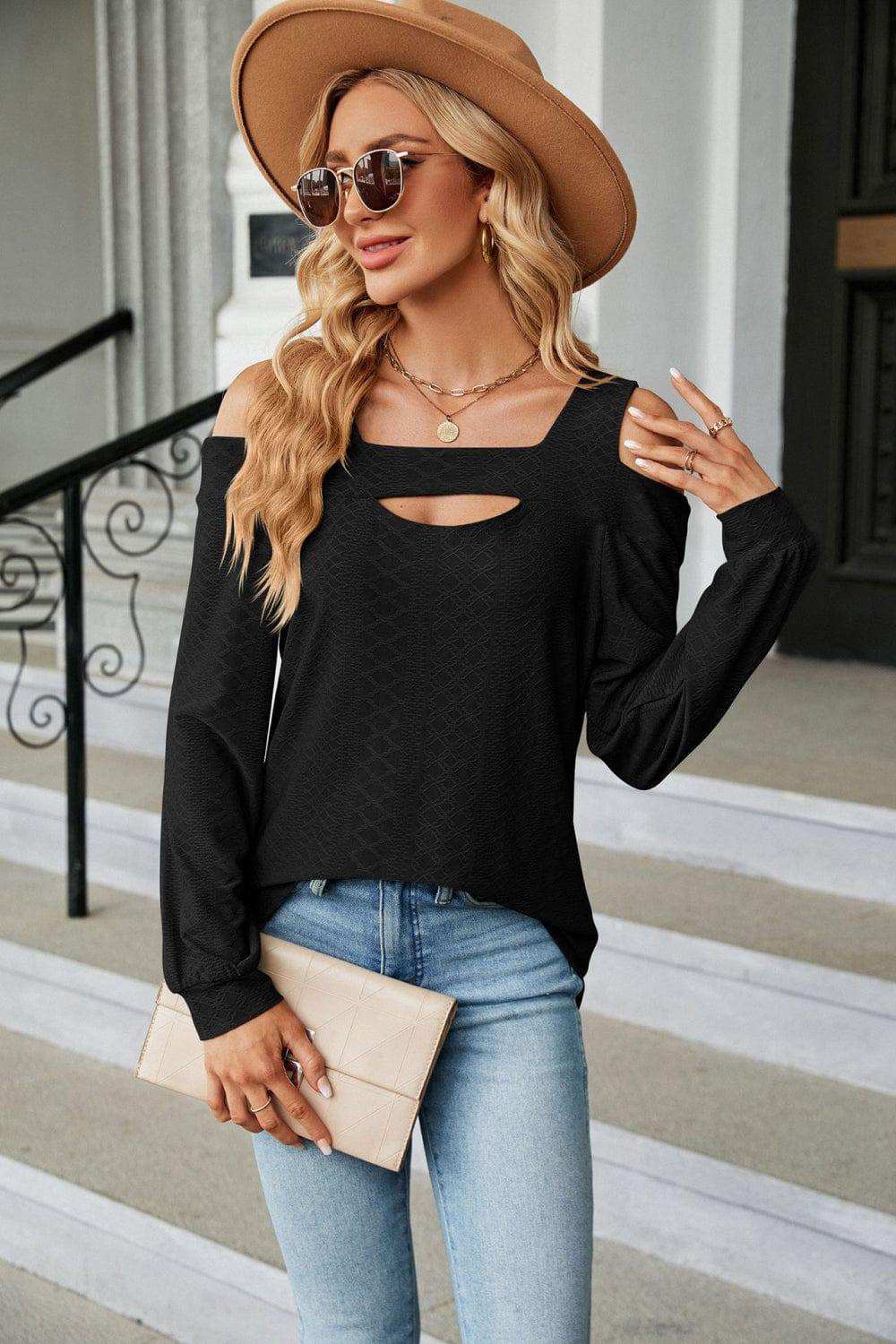 Cold Shoulder Square Neck Cutout Blouse - Trendsi - Flyclothing LLC