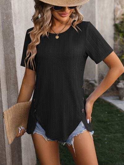 Decorative Button Round Neck Short Sleeve Blouse - Trendsi - Flyclothing LLC