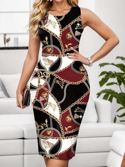 Printed Round Neck Sleeveless Dress - Trendsi - Flyclothing LLC