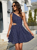 Grid One-Shoulder Tied Cutout Dress - Trendsi - Flyclothing LLC