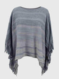 Striped Boat Neck Poncho with Fringes - Trendsi - Flyclothing LLC