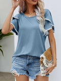 Pom-Pom Trim Flutter Sleeve Round Neck Tee - Trendsi - Flyclothing LLC