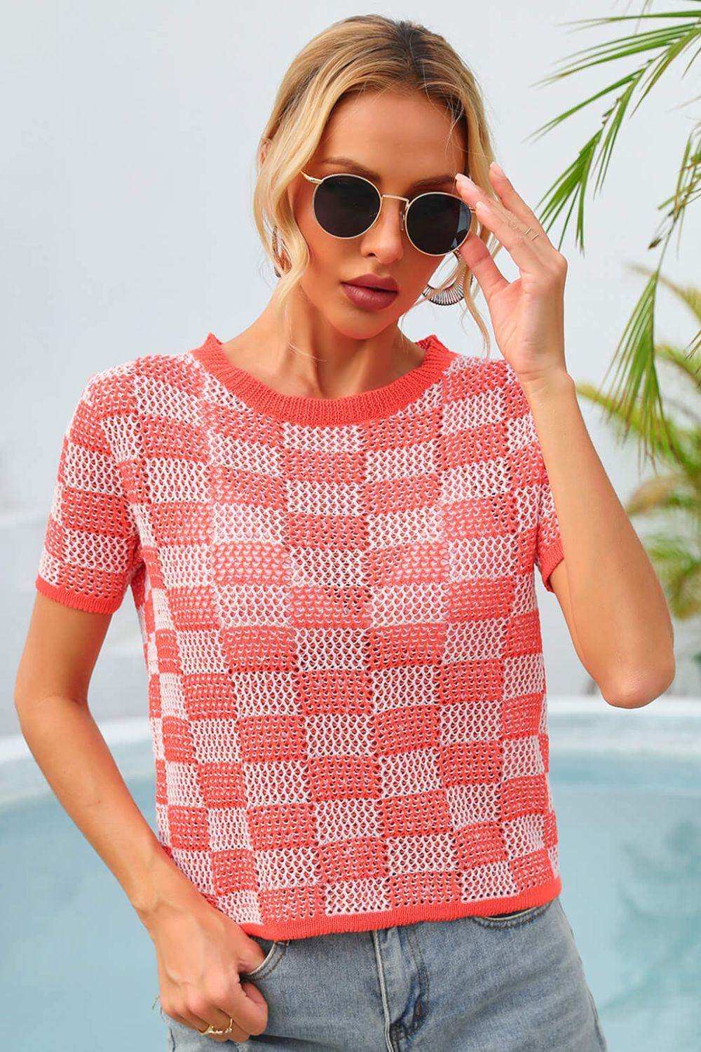 Checkered Short Sleeve Knit Top - Trendsi - Flyclothing LLC