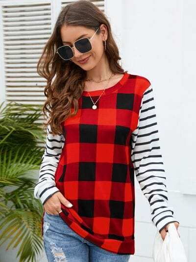 Plaid Striped Round Neck Long Sleeve T-Shirt - Trendsi - Flyclothing LLC