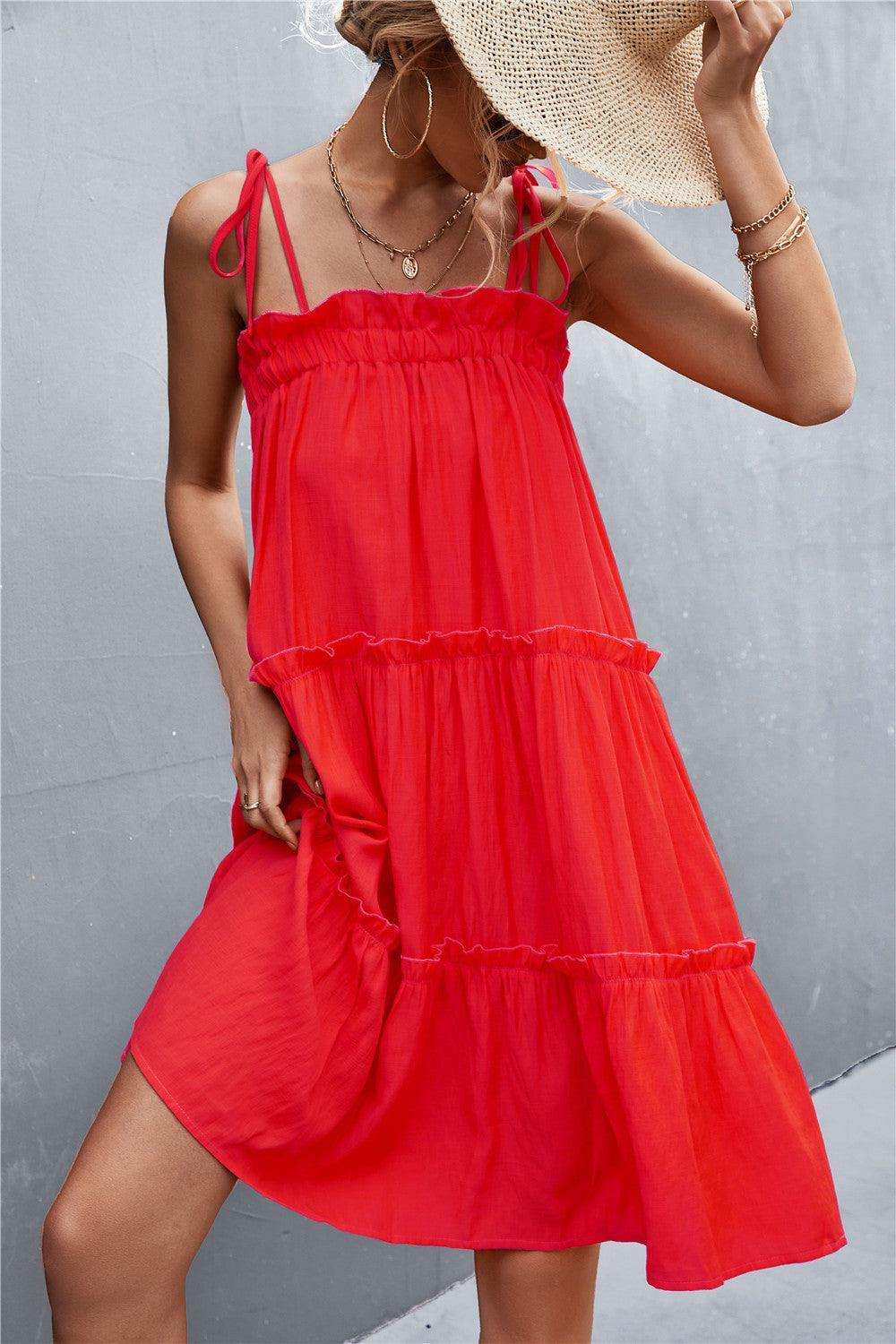 Tie-Shoulder Frill Trim Sleeveless Dress - Trendsi - Flyclothing LLC
