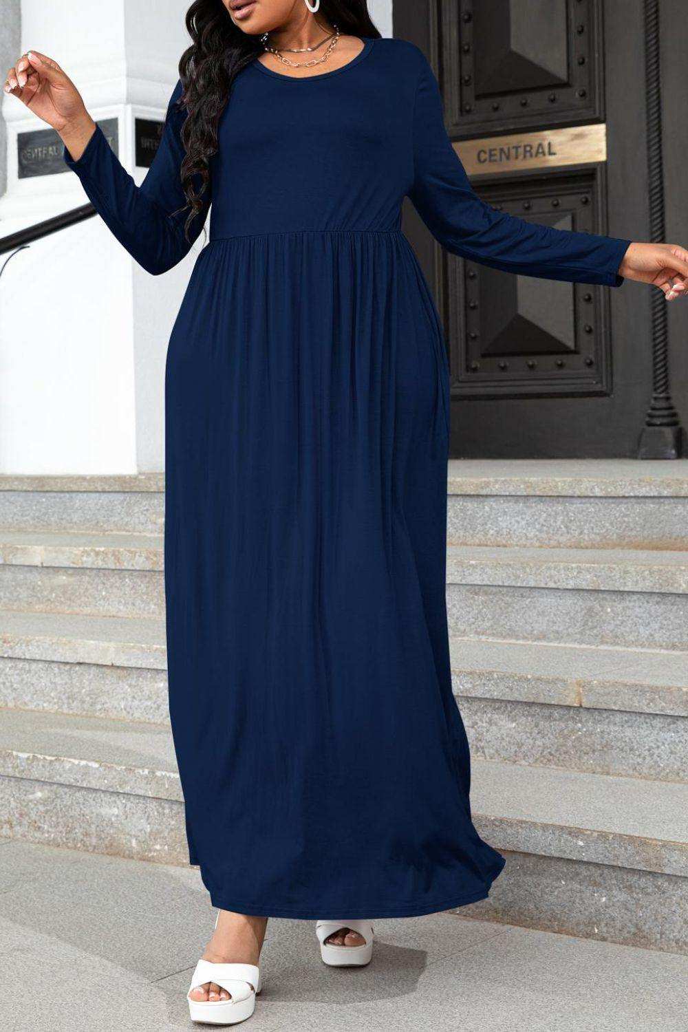 Plus Size Round Neck Long Sleeve Maxi Dress with Pockets - Trendsi - Flyclothing LLC