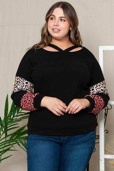 Plus Size Leopard Dropped Shoulder Long Sleeve T-Shirt - Trendsi - Flyclothing LLC