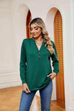 Buttoned Notched Neck Long Sleeve Top - Trendsi - Flyclothing LLC