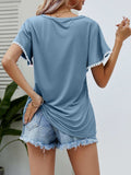 Pom-Pom Trim Flutter Sleeve Round Neck Tee - Trendsi - Flyclothing LLC