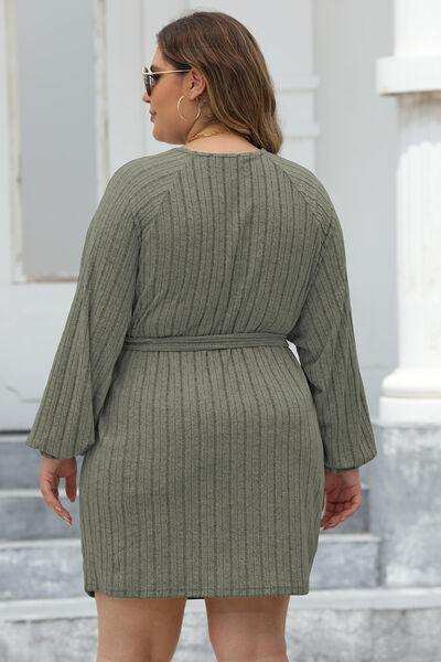 Plus Size Ribbed Tie Front Long Sleeve Sweater Dress - Trendsi - Flyclothing LLC