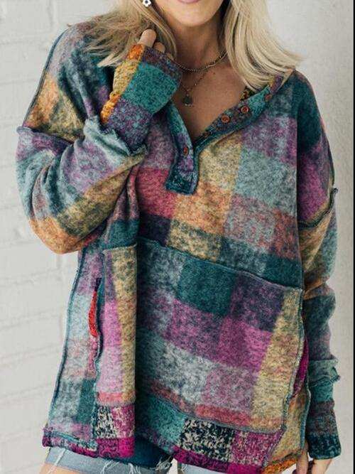 Multicolor Brushed Plaid Buttoned Pullover Oversized Hoodie - Trendsi - Flyclothing LLC
