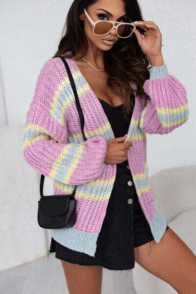 Striped Lantern Sleeve Dropped Shoulder Cardigan - Trendsi - Flyclothing LLC