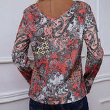 Printed V-Neck Long Sleeve Blouse - Trendsi - Flyclothing LLC