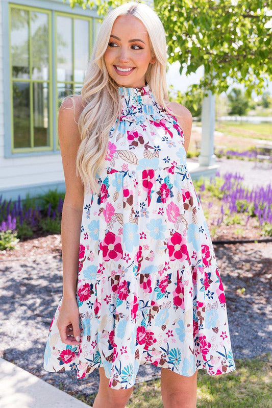 Floral Mock Neck Sleeveless Tiered Dress - Trendsi - Flyclothing LLC