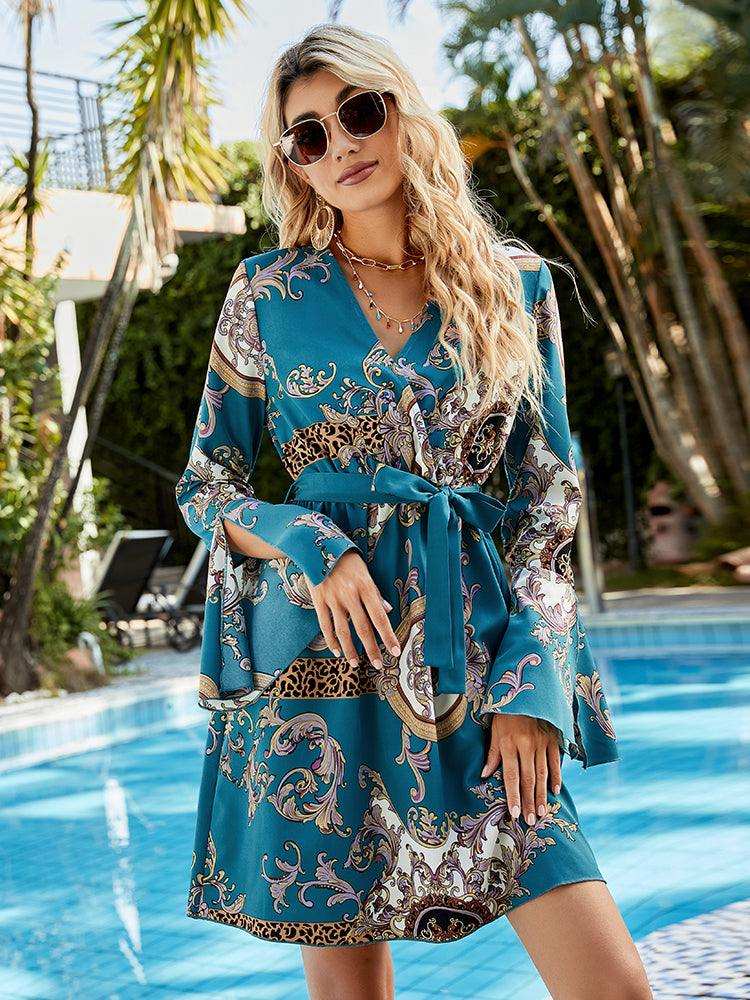 Printed Tie Belt Slit Flare Sleeve Dress - Trendsi - Flyclothing LLC