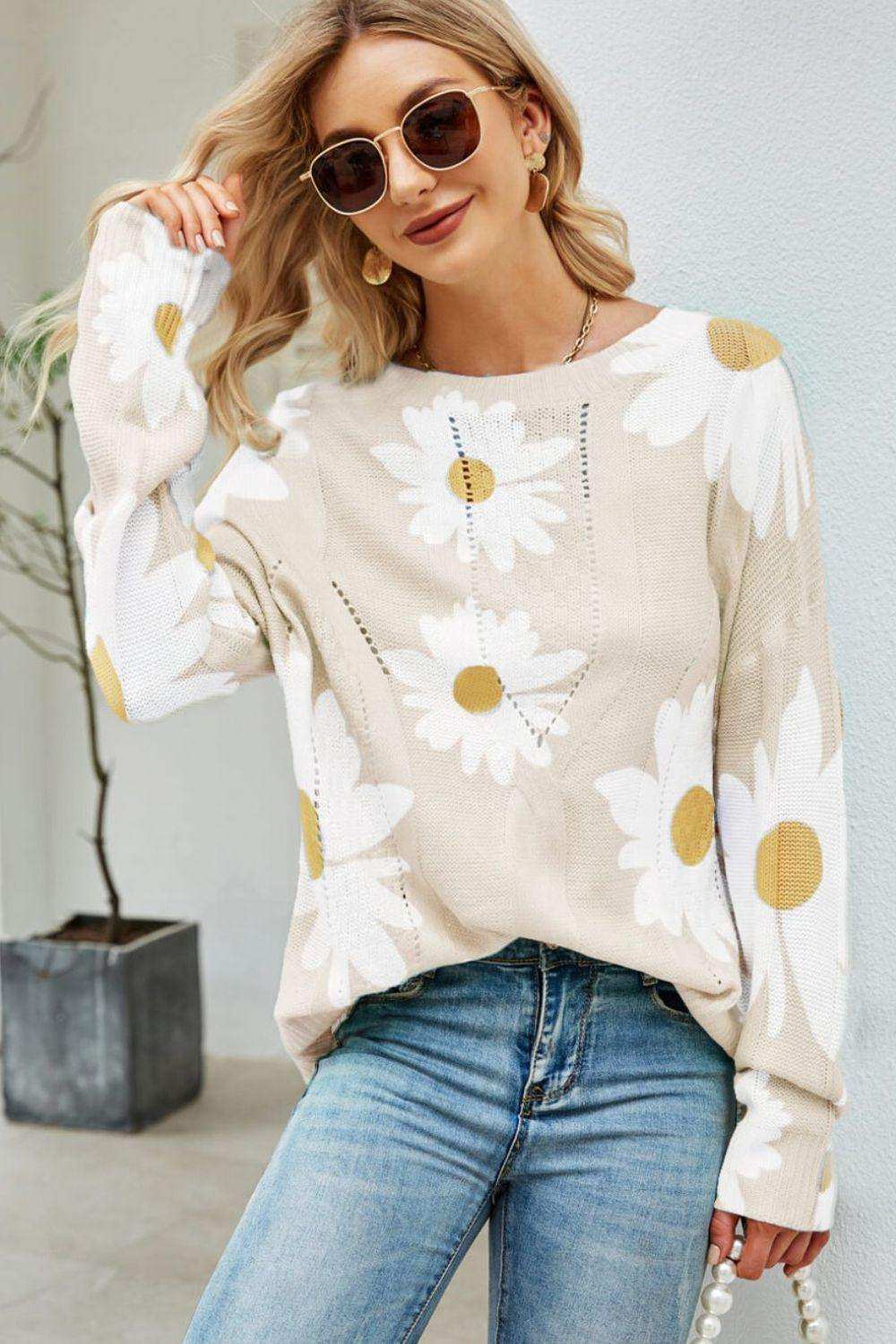 Daisy Print Openwork Round Neck Sweater - Trendsi - Flyclothing LLC