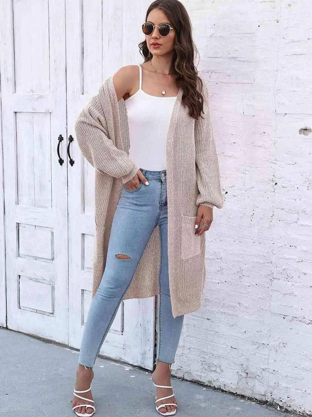 Open Front Longline Cardigan with Pockets - Trendsi - Flyclothing LLC