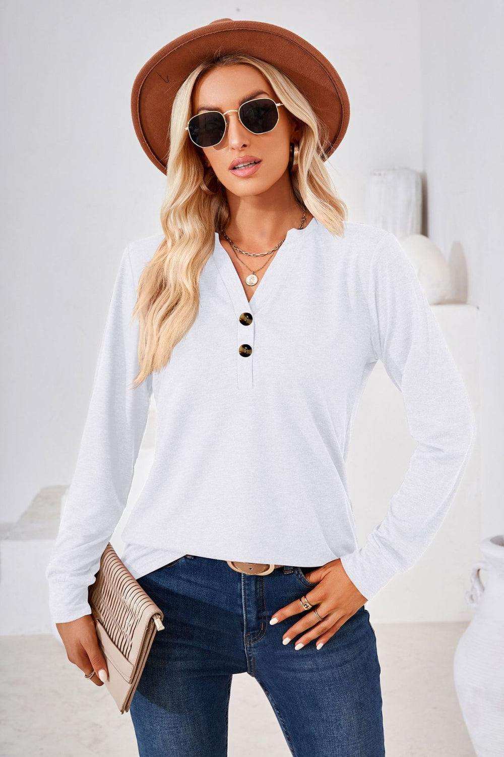 V-Neck Buttoned Long Sleeve Blouse - Trendsi - Flyclothing LLC