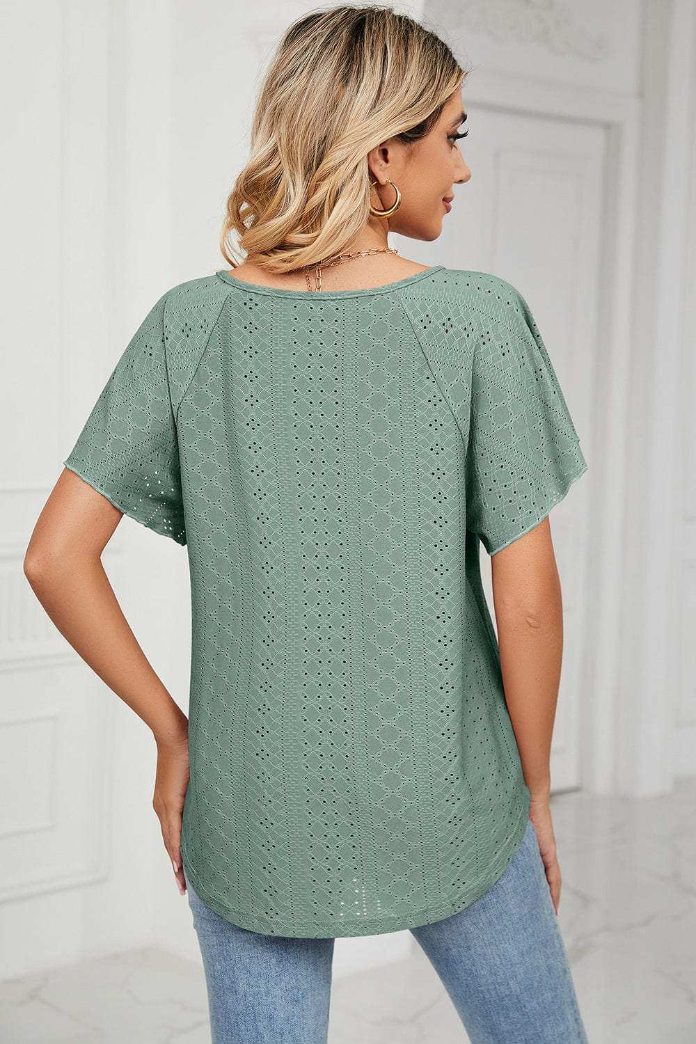 Eyelet Tie Neck Flutter Sleeve Blouse - Trendsi - Flyclothing LLC