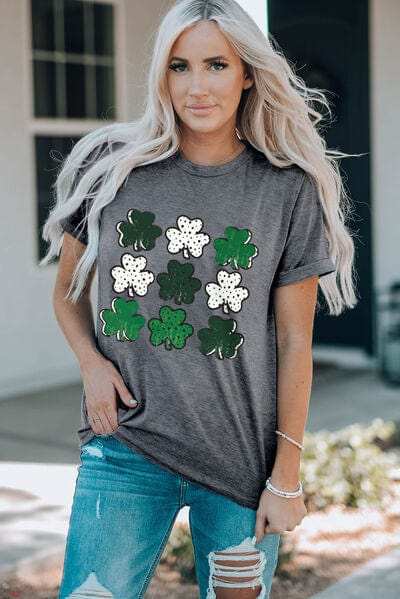 Lucky Clover Round Neck Short Sleeve T-Shirt - Trendsi - Flyclothing LLC