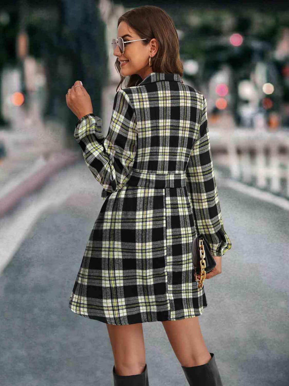 Plaid Tie Front Collared Neck Long Sleeve Dress - Trendsi - Flyclothing LLC