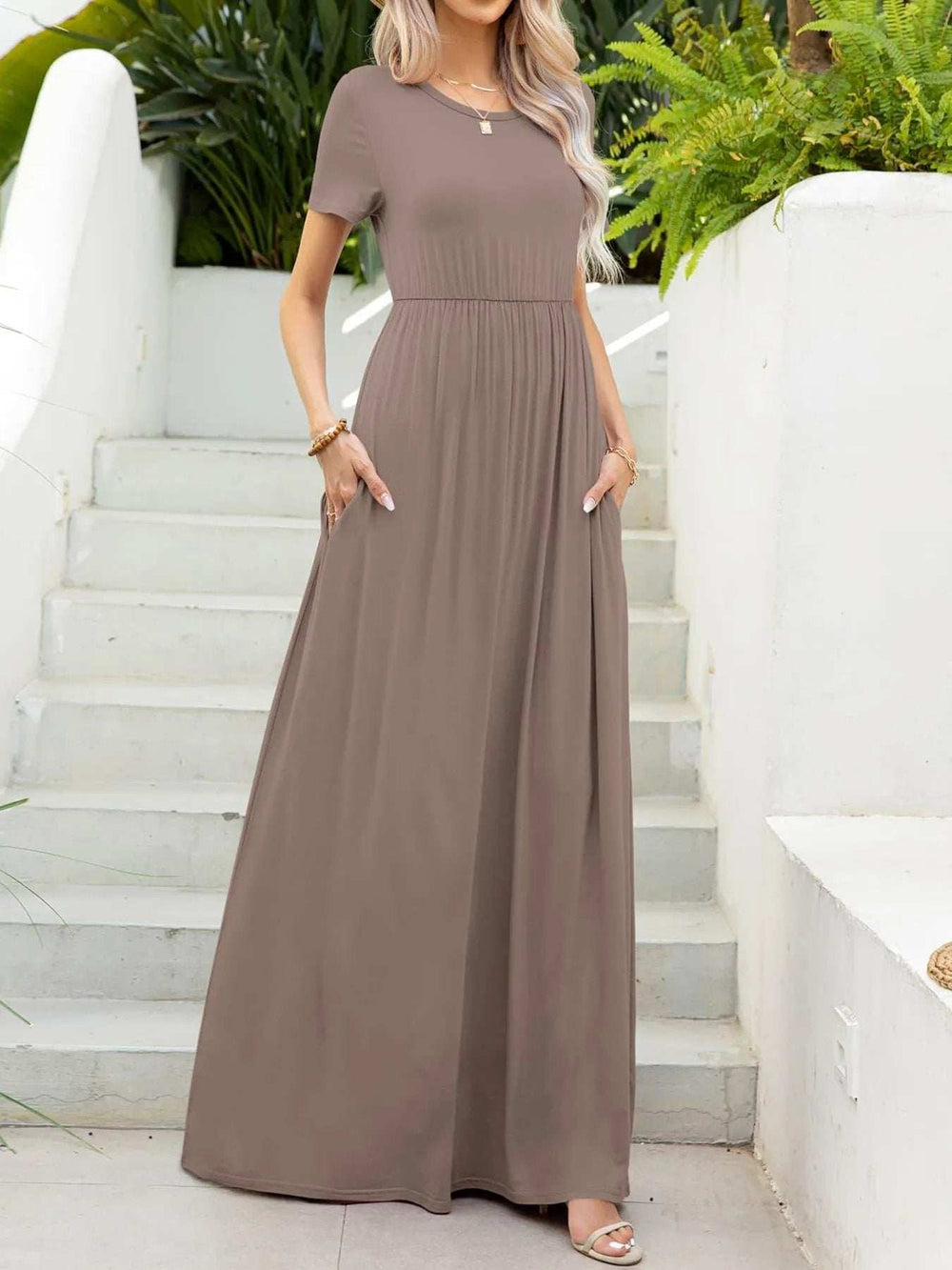 Round Neck Short Sleeve Maxi Dress with Pockets - Trendsi - Flyclothing LLC