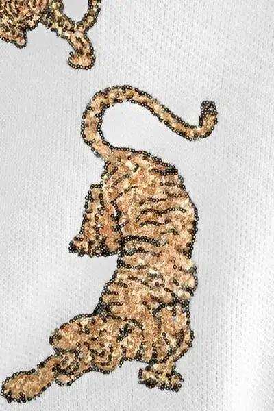 Tiger Sequin Raw Hem Dropped Shoulder Sweater - Trendsi - Flyclothing LLC