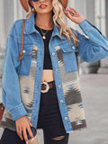 Geometric Raw Hem Button Up Denim Jacket - Trendsi - Flyclothing LLC