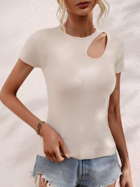 Cutout Round Neck Short Sleeve Knit Top - Trendsi - Flyclothing LLC