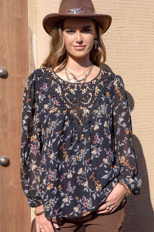 Printed Round Neck Long Sleeve Blouse - Trendsi - Flyclothing LLC