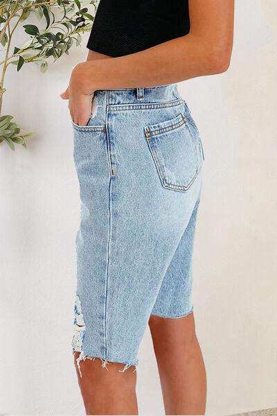 Distressed Pocketed Denim Shorts - Trendsi - Flyclothing LLC