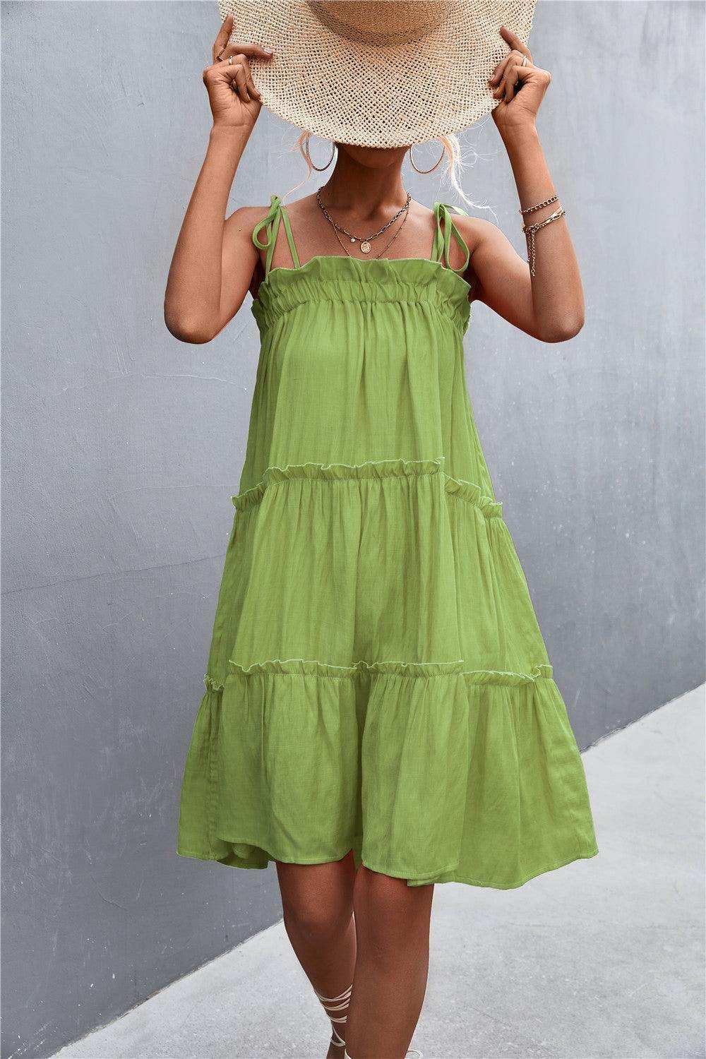 Tie-Shoulder Frill Trim Sleeveless Dress - Trendsi - Flyclothing LLC