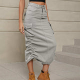 Drawstring Ruched Slit Denim Midi Skirt - Trendsi - Flyclothing LLC