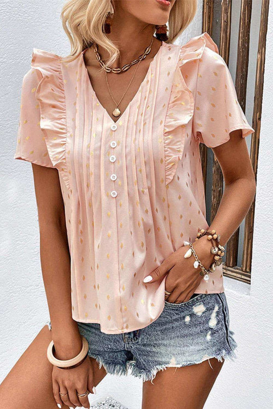 Printed Ruffle Trim Pleated Detail Blouse - Trendsi - Flyclothing LLC