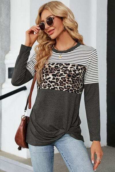 Leopard Striped Round Neck T-Shirt - Trendsi - Flyclothing LLC