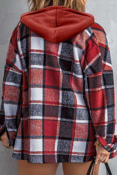Plus Size Plaid Button Up Hooded Jacket - Trendsi - Flyclothing LLC