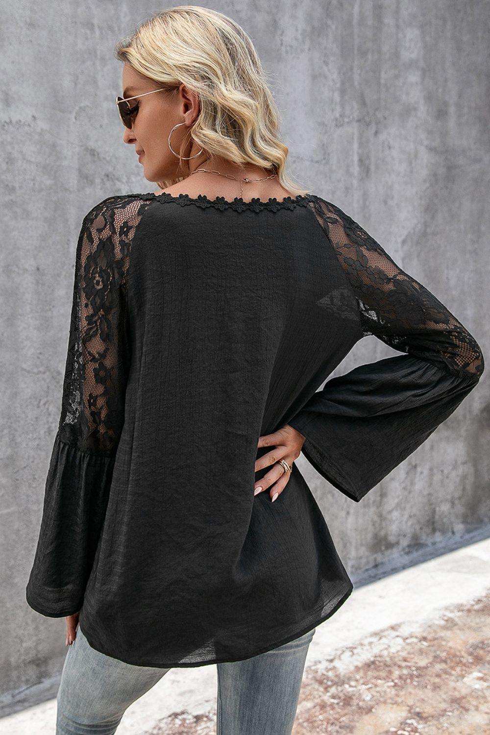 V-Neck Spliced Lace Flare Sleeve Top - Trendsi - Flyclothing LLC