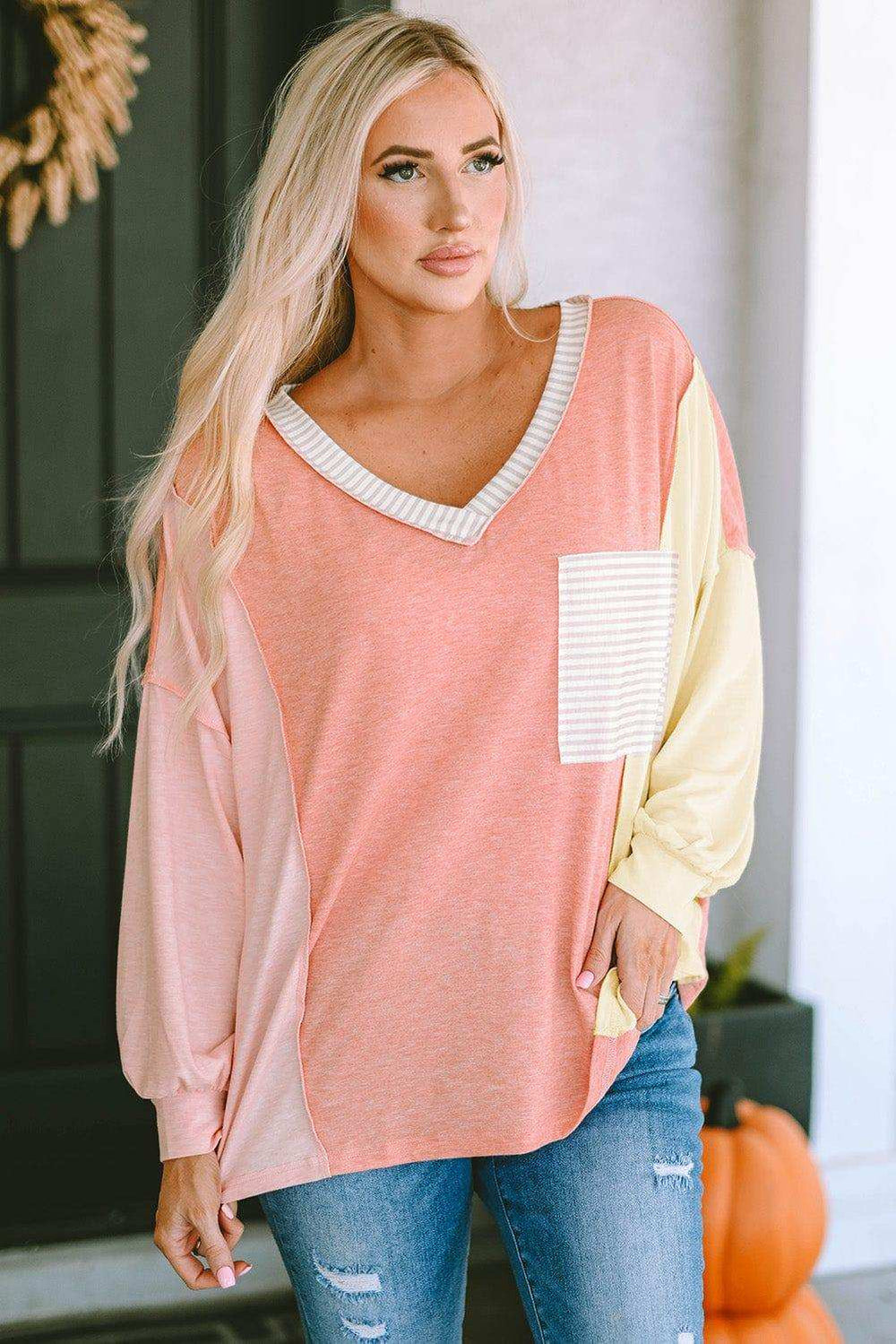 Color Block V-Neck Dropped Shoulder Sweatshirt with Pocket - Trendsi - Flyclothing LLC