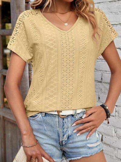 Eyelet V-Neck Short Sleeve T-Shirt - Trendsi - Flyclothing LLC
