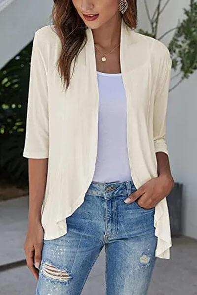 Open Front Three-Quarter Sleeve Cardigan - Trendsi - Flyclothing LLC