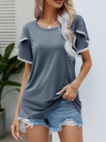 Pom-Pom Trim Flutter Sleeve Round Neck Tee - Trendsi - Flyclothing LLC