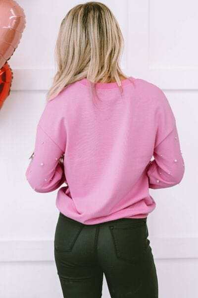 Pearl Round Neck Dropped Shoulder Sweatshirt - Trendsi - Flyclothing LLC