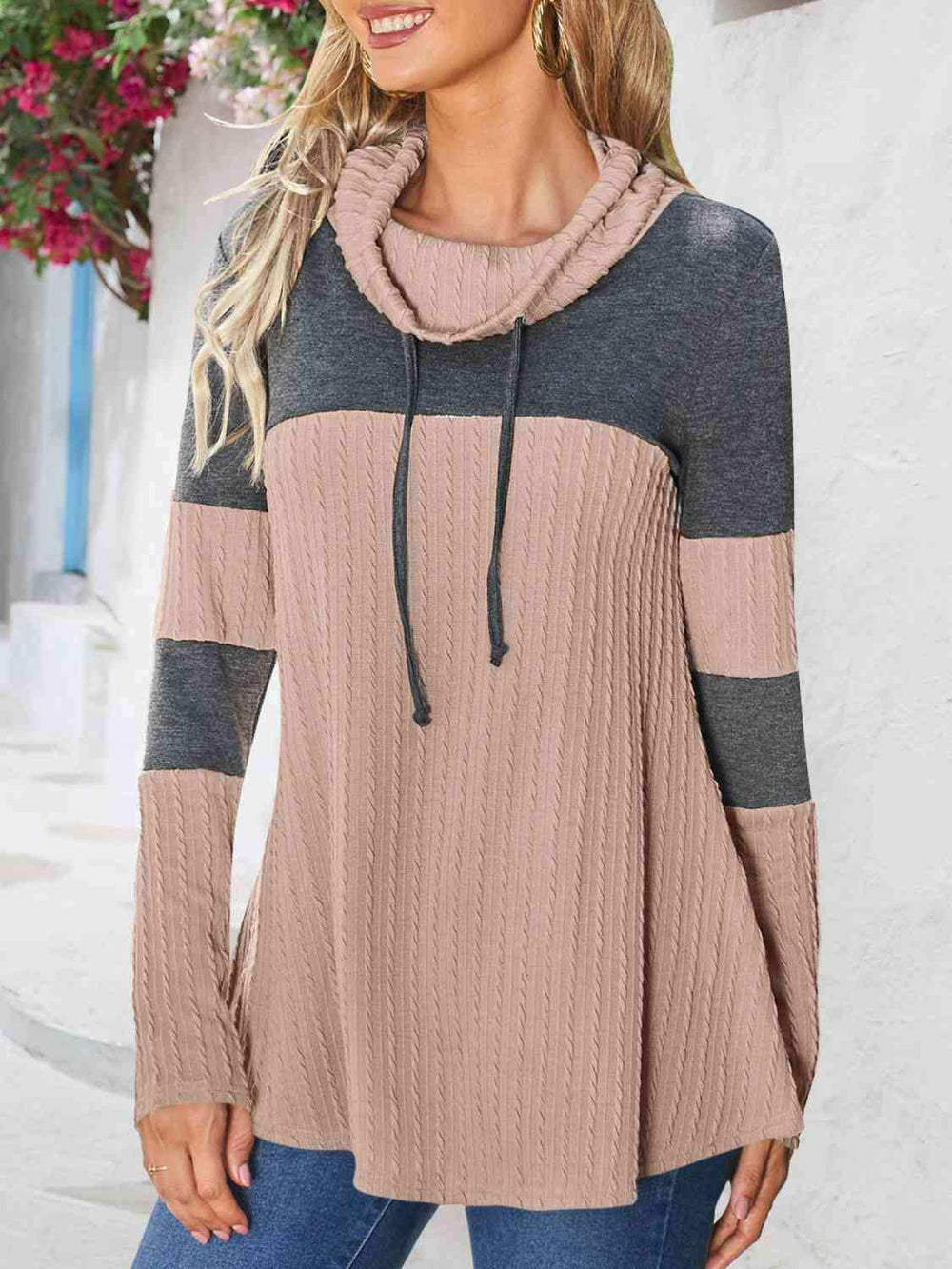 Contrast Drawstring Long Sleeve Top - Trendsi - Flyclothing LLC