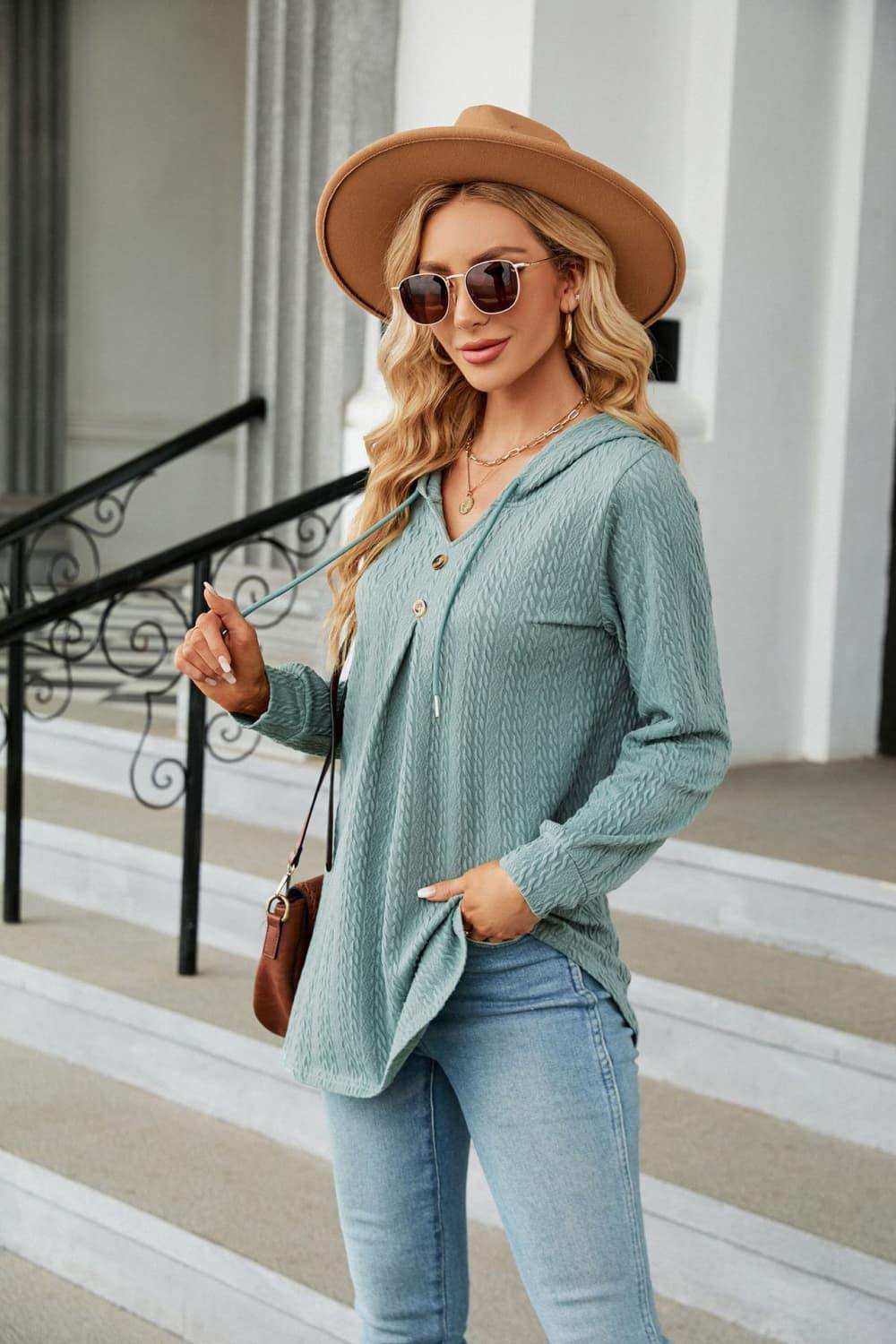 Long Sleeve Hooded Blouse - Trendsi - Flyclothing LLC