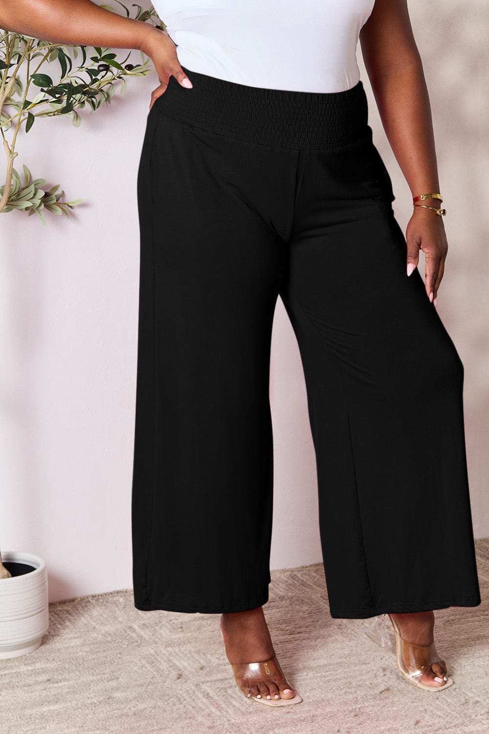 Double Take Full Size Smocked Wide Waistband Wide Leg Pants - Trendsi - Flyclothing LLC