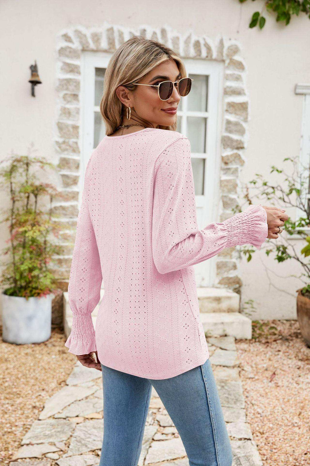 Eyelet V-Neck Smocked Flounce Sleeve Blouse - Trendsi - Flyclothing LLC